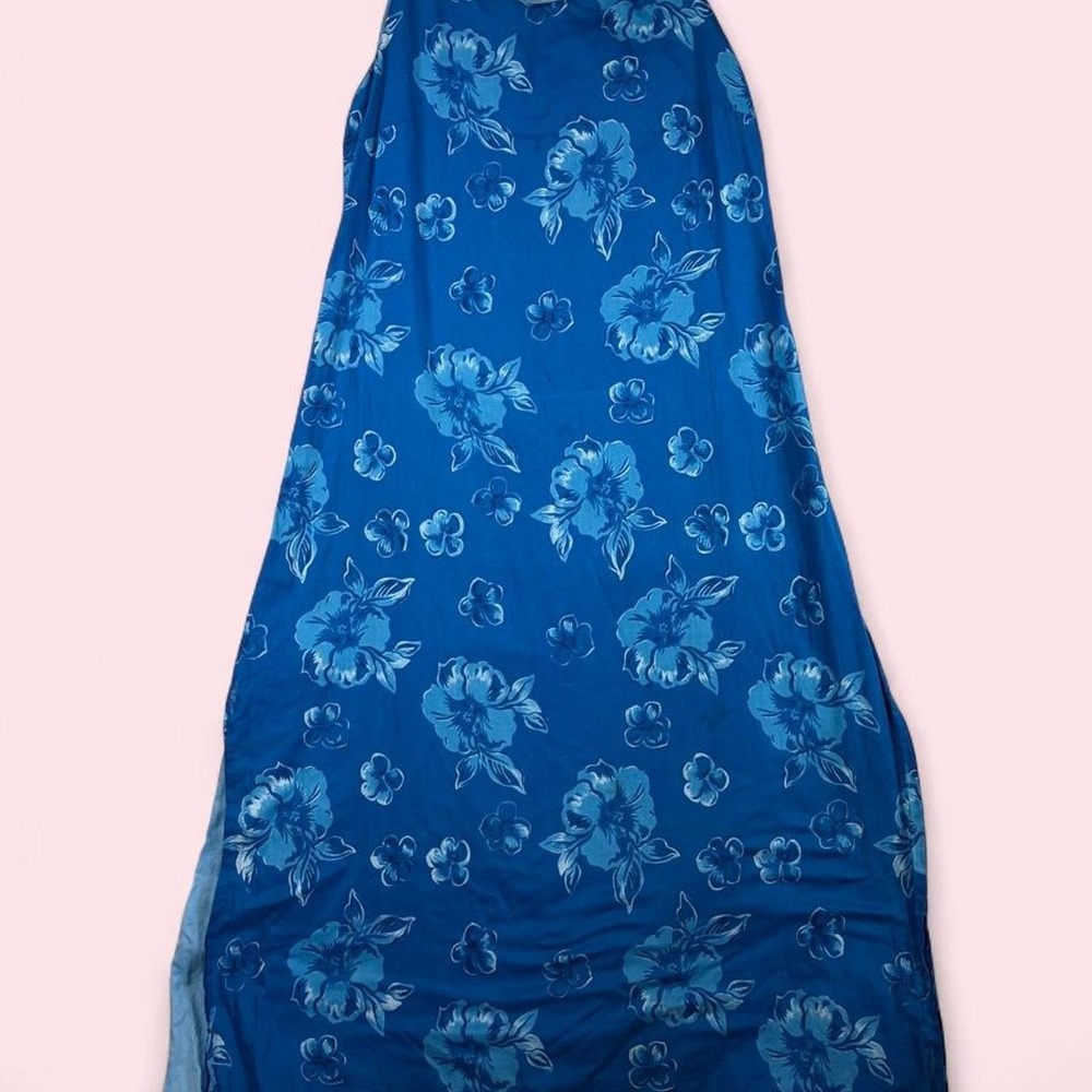 For Aloha Blue Hibiscus Floral Tropical Maxi Dress Sleeveless Side Slit